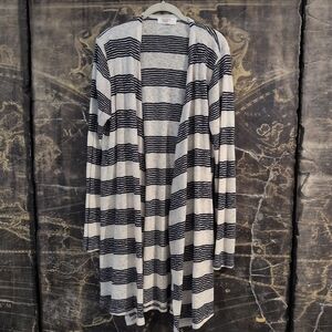 NWOT RENEE C Womens Cardigan Size L navy blue white open front Striped